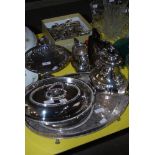 LARGE QUANTITY OF ASSORTED EP WARES INCLUDING FOUR PIECE EP TEA SERVICE, ENTREE DISHES, OVAL GALLERY