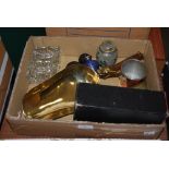 BOX OF ODDS CONTAINING BRASS MEAL SCOOP, KODAK NO.3 FOLDING CAMERA IN ORIGINAL BOX, GLASS SALTS WITH