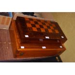 TWO FOLDING ROSEWOOD GAMES BOARDS FOR CHESS/DRAUGHTS AND BACKGAMMON