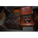 WOOD, LEATHER AND METAL BOUND DOME TOP TRUNK, TOGETHER WITH AN OAK AND LEATHERETTE UPHOLSTERED