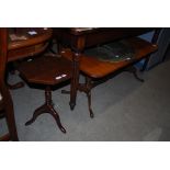 MAHOGANY HEXAGONAL SHAPED WINE TABLE, TOGETHER WITH A WALNUT RECTANGULAR SHAPED COFFEE TABLE AND