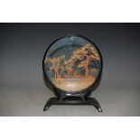 CHINESE CORK MONTAGE IN CIRCULAR FRAME WITH DEER AND PINE TREE DETAIL