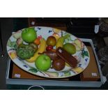 LACQUERED TWO HANDLED TRAY, TOGETHER WITH CERAMIC BOWL WITH ARTIFICIAL FRUITS, LEATHER CIGAR CASE,