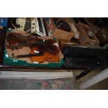 COLLECTION OF SIX ASSORTED VIOLINS IN NEED OF RESTORATION, THREE IN COFFIN SHAPED CASES