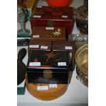 COLLECTION OF ASSORTED BOXES TO INCLUDE LACQUERED TEA CADDY, TWO BAKELITE BOXES, TWO CHINESE