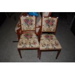 PAIR OF EDWARDIAN MAHOGANY INLAID BEDROOM CHAIRS WITH FLORAL UPHOLSTERED STUFFOVER SEATS AND