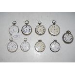 COLLECTION OF NINE ASSORTED SILVER AND WHITE METAL CASED POCKET WATCHES INCLUDING BIRMINGHAM