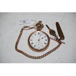 A 9CT GOLD CASED OPEN FACED POCKET WATCH WITH WHITE ROMAN NUMERAL DIAL AND SUBSIDIARY SECONDS