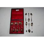 CASED SET OF SIX WHITE METAL AND FILIGREE COFFEE SPOONS, TOGETHER WITH A SET OF SIX SHEFFIELD SILVER