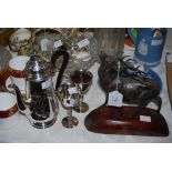 EP COFFEE POT, PAIR OF PLATED GOBLETS, SPELTER FIGURE OF STAG ON WOODEN PLINTH