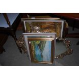 FOUR ASSORTED PICTURES INCLUDING SEASCAPE, FRAMED STILL LIFE, WATERCOLOUR OF MIXED FLOWERS IN JUG,