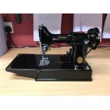SINGER SEWING MACHINE IN CASE TOGETHER WITH OAK RECTANGULAR SHAPED TWO HANDLED TRAY WITH EMBROIDERED