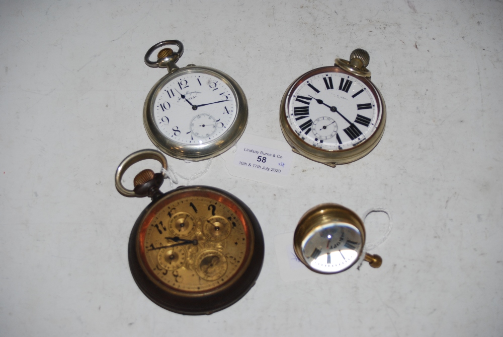 VINTAGE WHITE METAL CASED GOLIATH OPEN FACED POCKET WATCH WITH WHITE ROMAN NUMERAL DIAL AND