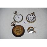 VINTAGE WHITE METAL CASED GOLIATH OPEN FACED POCKET WATCH WITH WHITE ROMAN NUMERAL DIAL AND