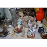ASSORTED CERAMICS AND GLASSWARE INCLUDING PAIR OF REPRODUCTION MANTEL DOGS, TWO TIER CAKE STANDS,