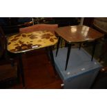 PAIR OF MID 20TH CENTURY OCCASIONAL TABLES - ONE WITH TEAK FINISH, THE OTHER WITH FLORAL DECORATION