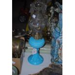 OIL LAMP WITH TURQUOISE COLOURED PRESSED GLASS FONT AND CLEAR GLASS FUNNEL