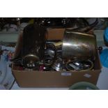 BOX - ASSORTED EP FLATWARE, HOTEL WARE TEA POT AND HOT WATER JUG