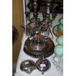 ASSORTED EP WARES INCLUDING CANDLESTICKS, TEAPOT, TOAST RACK, SHELL SHAPED BUTTER DISH, SALVERS, HIP