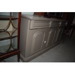 REPRODUCTION PAINTED VICTORIAN STYLE SIDEBOARD WITH THREE PANELLED DOORS AND THREE FRIEZE DRAWERS