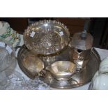 COLLECTION OF ASSORTED EP WARES INCLUDING TWO HANDLED EP TRAY WITH PIERCED GALLERY, THREE PIECE DECO