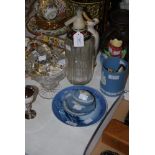 COLLECTION OF ASSORTED CERAMICS AND GLASSWARE INCLUDING ETCHED SCHWEPPES SODA SIPHON, CUT GLASS