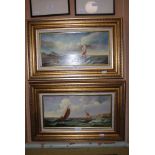 JEAN LAURENT - FISHING BOAT AND ROWING BOAT IN CHOPPY SEAS - OIL ON PANEL, SIGNED LOWER RIGHT,