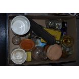 BOX - ASSORTED GLASSWARE, CERAMICS, BREAD KNIFE WITH MOTHER OF PEARL HANDLE, STORAGE JARS, ETC.