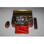 BOX - ASSORTED VINTAGE LIGHTERS, POCKET WATCHES, WRIST WATCHES, DIAMOND CUT 22CT GOLD PLATED PEN AND