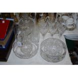 ASSORTED GLASSWARE INCLUDING STEMMED WINE GLASSES, TWO CUT GLASS FRUIT BOWLS, CUT GLASS WHISKY
