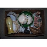 BOX - ASSORTED CERAMICS INCLUDING POTTERY FIGURE OF CHILDREN PLAYING CARDS, FRUIT BOWL, WADE DISH,