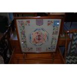 OAK FRAMED EMBROIDERED FIRE SCREEN TABLE, TOGETHER WITH A STAINED PINE SPAR BACK CHAIR WITH