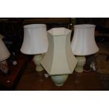THREE CERAMIC TABLE LAMPS AND SHADES