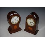 TWO SIMILAR EDWARDIAN MAHOGANY AND BOXWOOD LINED MANTEL CLOCKS WITH WHITE ROMAN NUMERAL DIALS