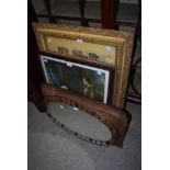 COLLECTION OF FRAMED PRINTS AND MIRRORS, INCLUDING INLAID OVERMANTEL MIRROR, ETC.