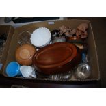 TWO BOXES - ASSORTED CERAMICS AND GLASSWARE INCLUDING TERRACOTTA FIGURES, GLASS JARS AND COVERS,