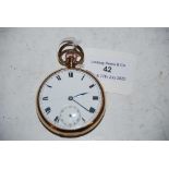 A 9CT GOLD CASED OPEN FACED POCKET WATCH WITH WHITE ROMAN NUMERAL DIAL AND SUBSIDIARY SECONDS