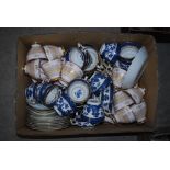 BOX - ASSORTED TEA WARES INCLUDING BOOTHS BLUE AND WHITE OLD WILLOW PATTERN TEA WARES, TUSCAN TEA