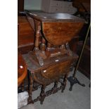 LATE 19TH/EARLY 20TH CENTURY CARVED OAK DROP LEAF OCCASIONAL TABLE ON TURNED SUPPORTS, TOGETHER WITH