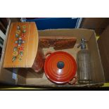 BOX - ASSORTED ITEMS INCLUDING LE CREUSET PAN, CARVED BOOK SLIDE, DOME TOP PAINTED TRINKET BOX,