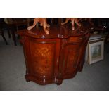 REPRODUCTION ITALIAN MAHOGANY INLAID DINING SUITE COMPRISING SERPENTINE FRONT SIDEBOARD,