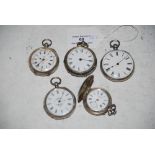 FIVE ASSORTED CONTINENTAL WHITE METAL CASED POCKET WATCHES INCLUDING A SMALL HUNTER CASED EXAMPLE,