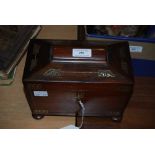 A 19TH CENTURY ROSEWOOD AND BRASS INLAID SARCOPHAGUS SHAPED TEA CADDY