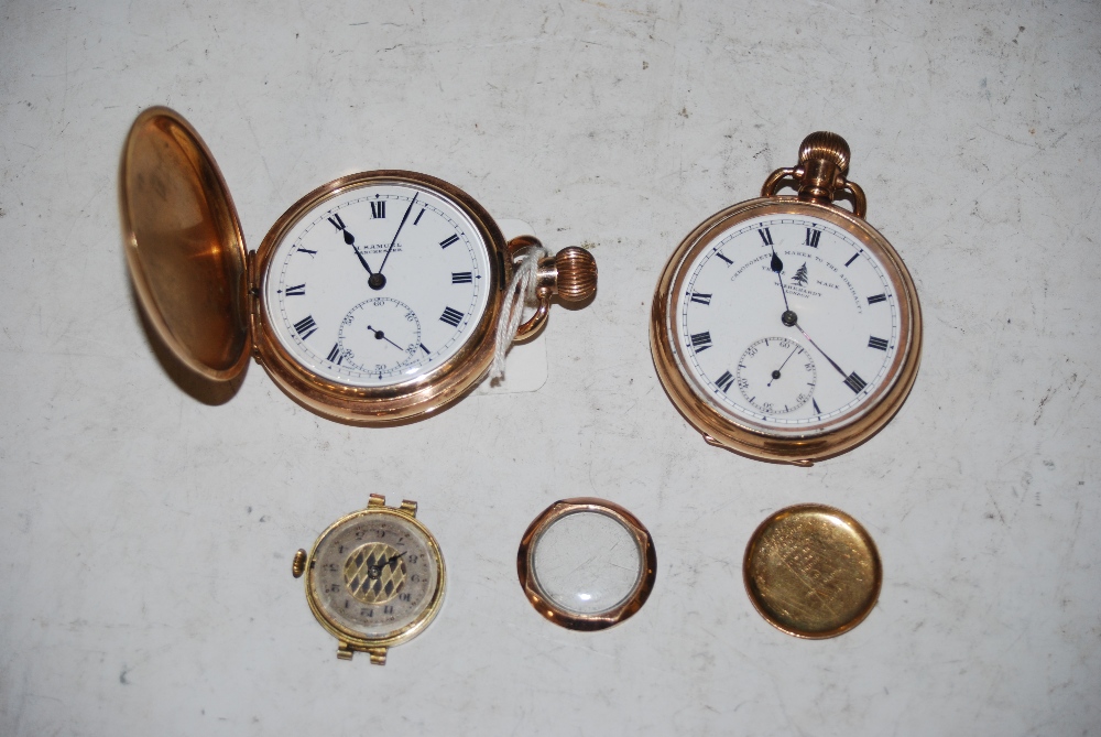 YELLOW METAL CASED HUNTER POCKET WATCH, H. SAMUEL, MANCHESTER, WITH WHITE ROMAN NUMERAL DIALS AND