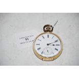 YELLOW METAL CASED OPEN FACED POCKET WATCH WITH WHITE ROMAN NUMERAL DIAL AND SUBSIDIARY SECONDS