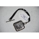 LATE 19TH/EARLY 20TH CENTURY BIRMINGHAM SILVER VESTA HOLDER SUSPENDED ON LEATHER STRAP