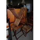 VICTORIAN MAHOGANY FOLDING OCCASIONAL TABLE, TOGETHER WITH A STAINED OAK STRETCHER STOOL AND A