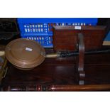 MAHOGANY AND BRASS BOUND WALL BRACKET TOGETHER WITH A 19TH CENTURY COPPER BED WARMING PAN WITH