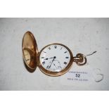 A 9CT GOLD CASED HUNTER POCKET WATCH WITH WHITE ROMAN NUMERAL DIAL AND SUBSIDIARY SECONDS DIAL,