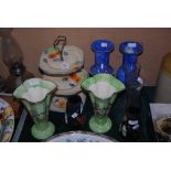 ASSORTED CERAMICS AND GLASSWARE INCLUDING THREE TIER CAKE STAND, PAIR OF ARTHUR WOOD LUSTRE VASES,